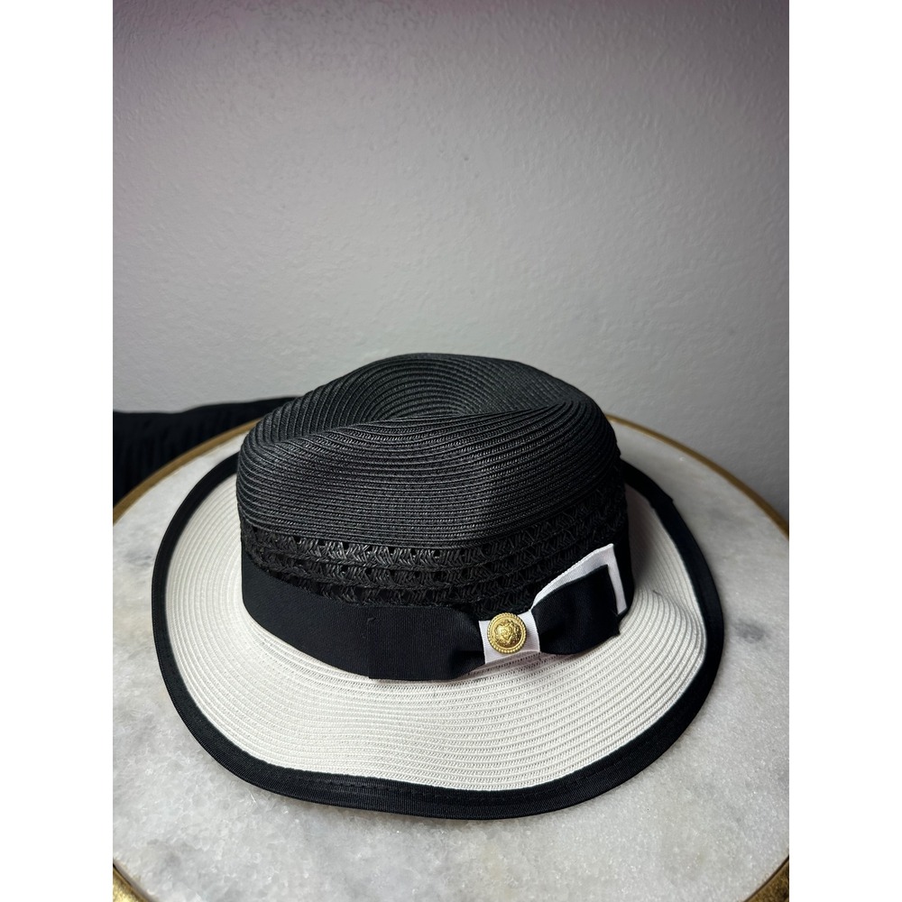 Womens Black and White Straw Fedora Sun Hat with Gold Lion Medallion Bow